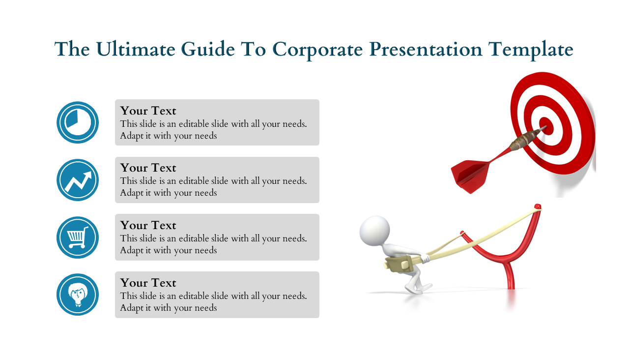 Corporate guide slide featuring a dartboard hit by a dart, a slingshot figure, and four content sections with icons.