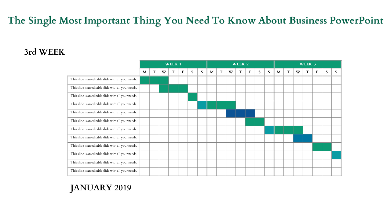 Gantt chart template for January 2019, featuring rows of tasks and columns for Week 1 to Week 3 with colored activity bars.