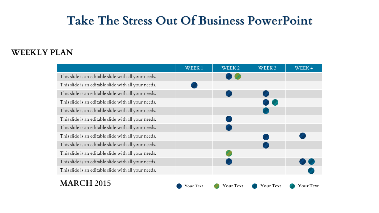 Business plan slide with a grid layout showing tasks across four weeks and color coded indicators for different activities.