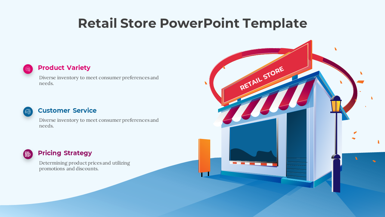 Colorful retail store slide showcasing product variety, customer service, and pricing strategy with icons.