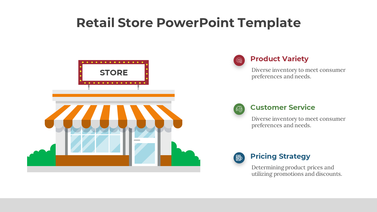 Illustration of a retail store with an orange and white awning, and three color coded text sections on the right.