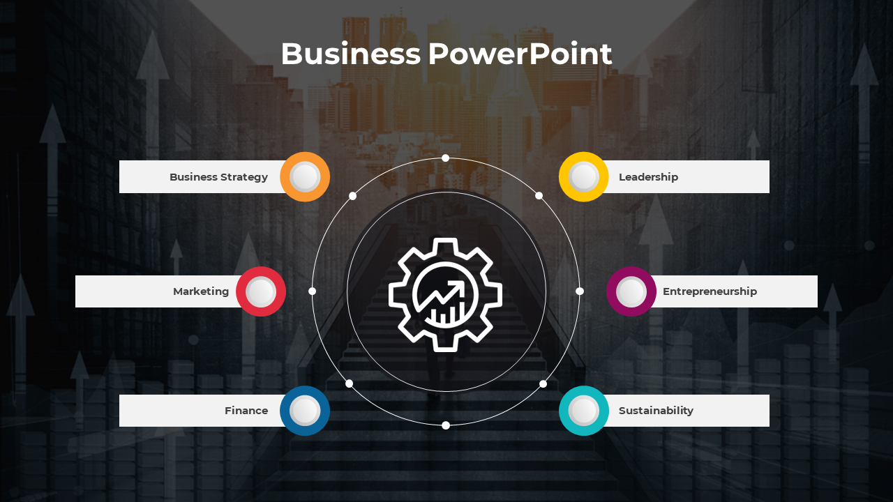 Business themed infographic with a central gear icon containing a growth chart, surrounded by six circular icons. 