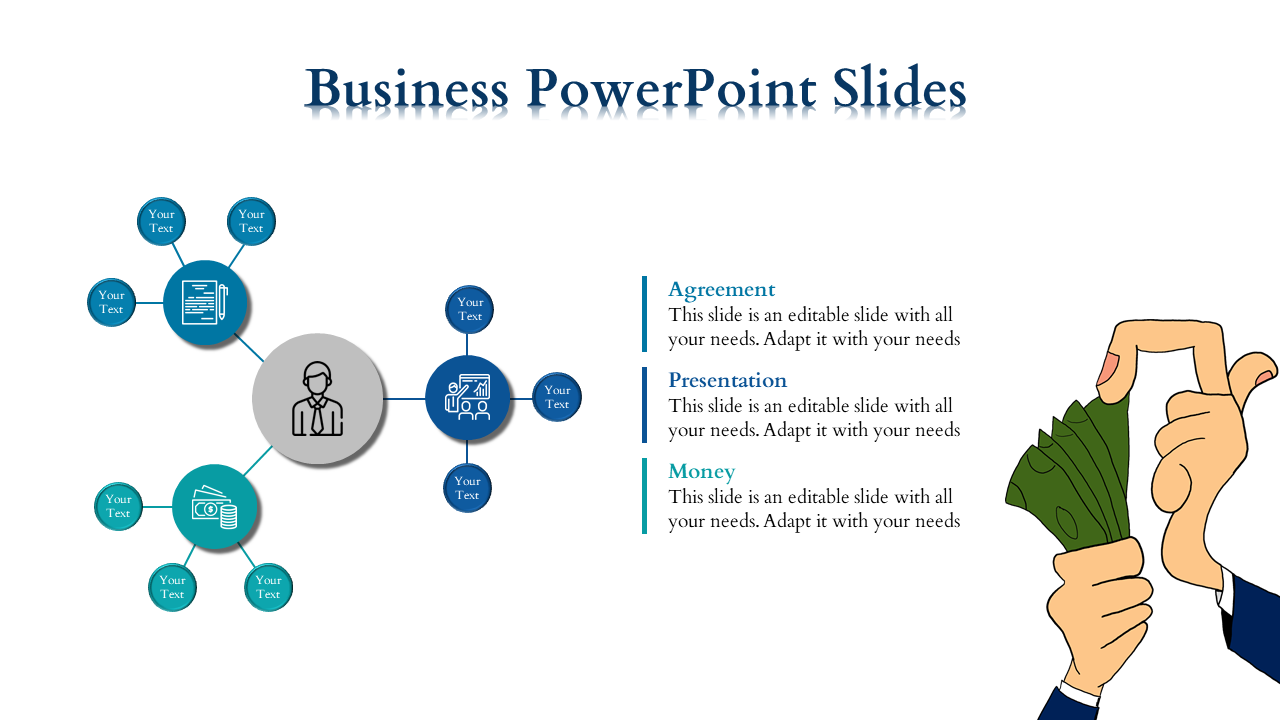 Business slide showing a radial diagram with icons and text, and an illustration of hands holding dollar bills.