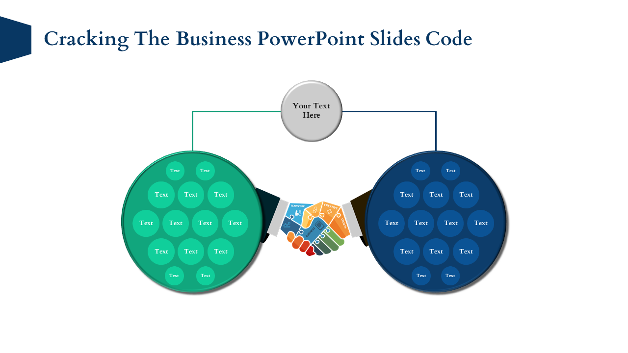 Business PowerPoint design slide with two connected colorful circle text boxes and a handshake icon.