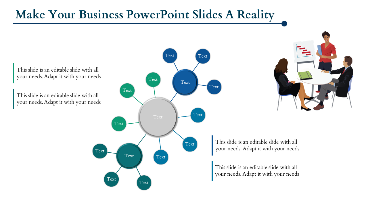 Slide with a circular diagram of green and blue nodes connected to a central gray hub, alongside a meeting illustration.