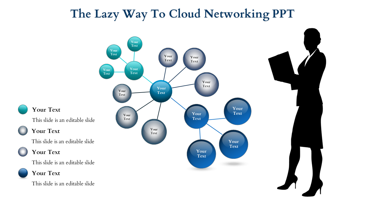 Diagram of cloud networking with multiple blue circles and a silhouette figure linked by lines, with caption areas.