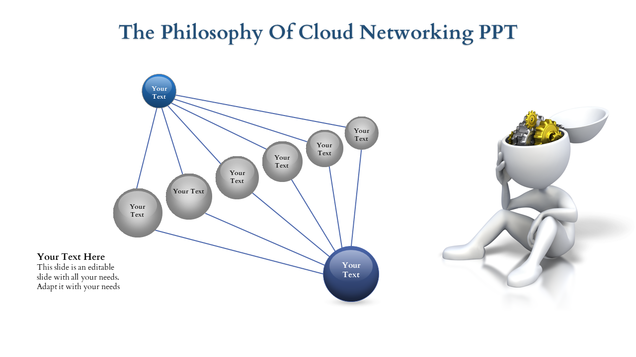 Illustration of network connectivity featuring spheres connected by lines and a symbolic figure with gears in its head.