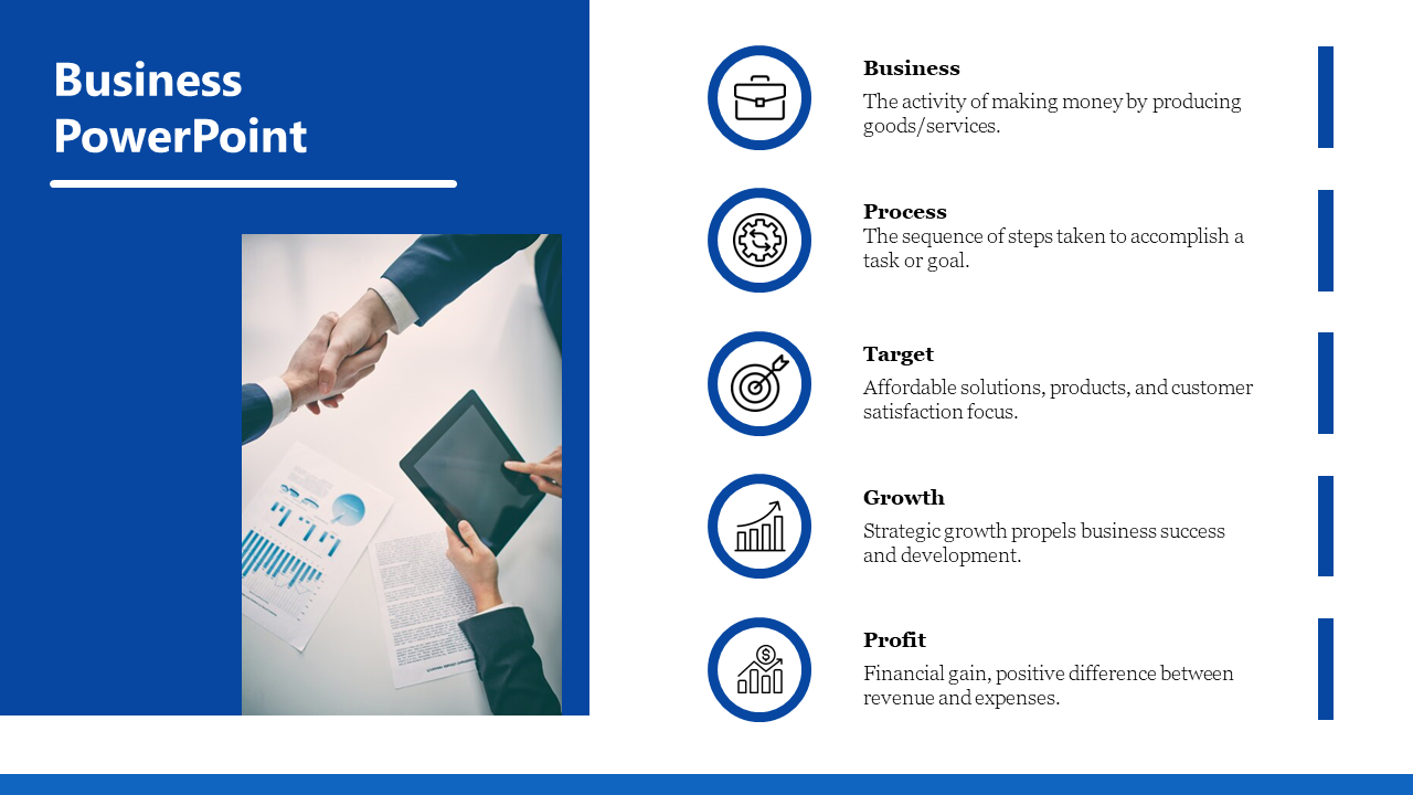 Business slide featuring a blue layout with handshake image, and a list of five key points with icons on the right.