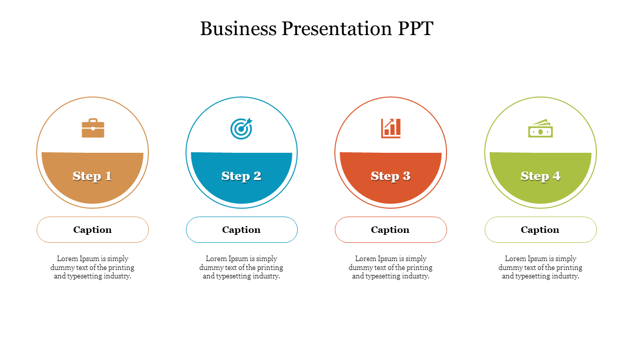 Four step business slide showing icons for briefcase, target, growth chart, and cash, with placeholders for captions.