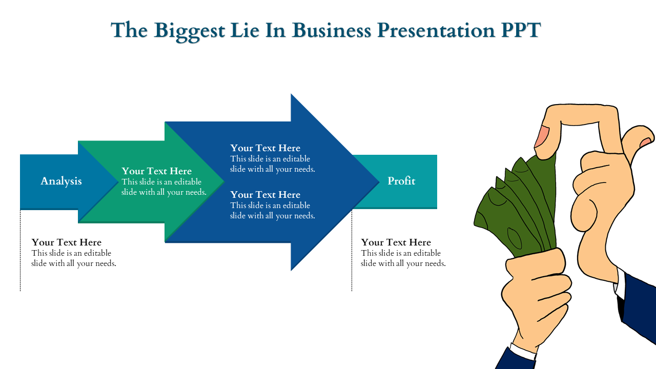 Creative business PowerPoint slide showing analysis leading to profit with text.