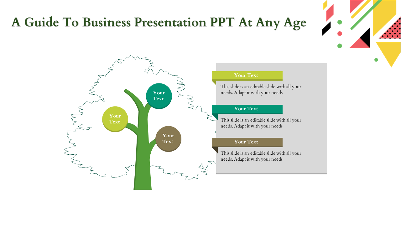 Slide with a tree diagram featuring green, teal, and brown circles, paired with a text box for descriptions.