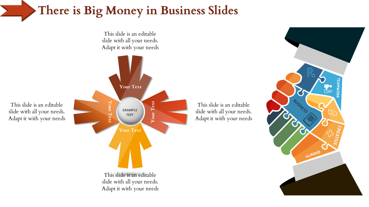 Business slide with a circular flowchart and a handshake visual, illustrating key business elements with icons and text.