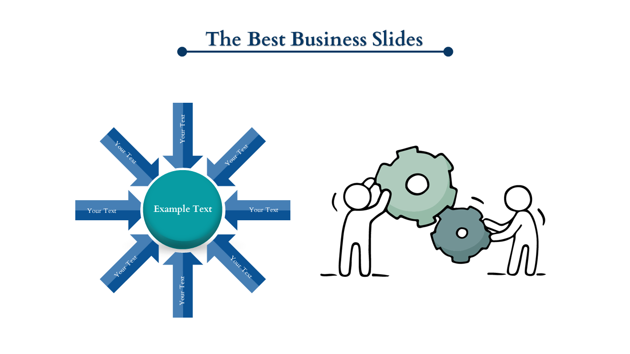 Business-themed slide with a teal circular chart and figures managing oversized gears on the right.