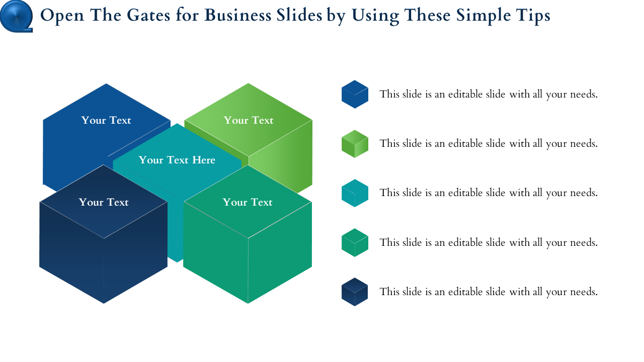 Slide featuring a series of colorful geometric cubes for a business presentation, ready for text input.