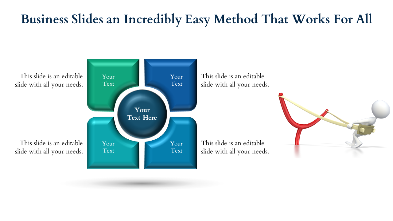 Business strategy slide with color coded blocks and a character pulling a slingshot to emphasize action with text.