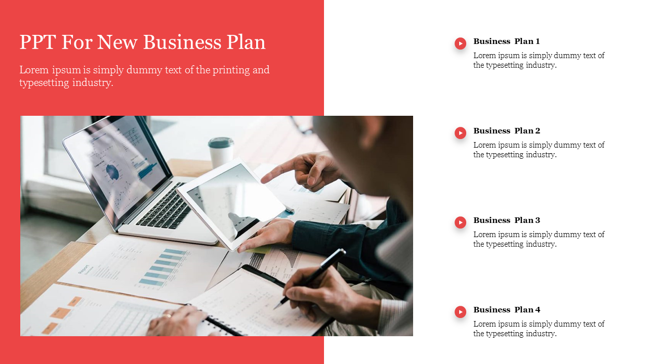 Collaborative workspace featuring digital charts on a tablet and laptop, with a sidebar highlighting four business plans.