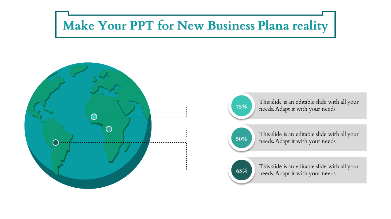 PowerPoint slide featuring a world map with three percentage circles representing progress toward a new business plan.