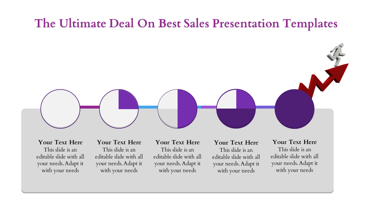 Five purple and white segmented circles aligned with text boxes, ending with an upward pointing red arrow for sales growth.