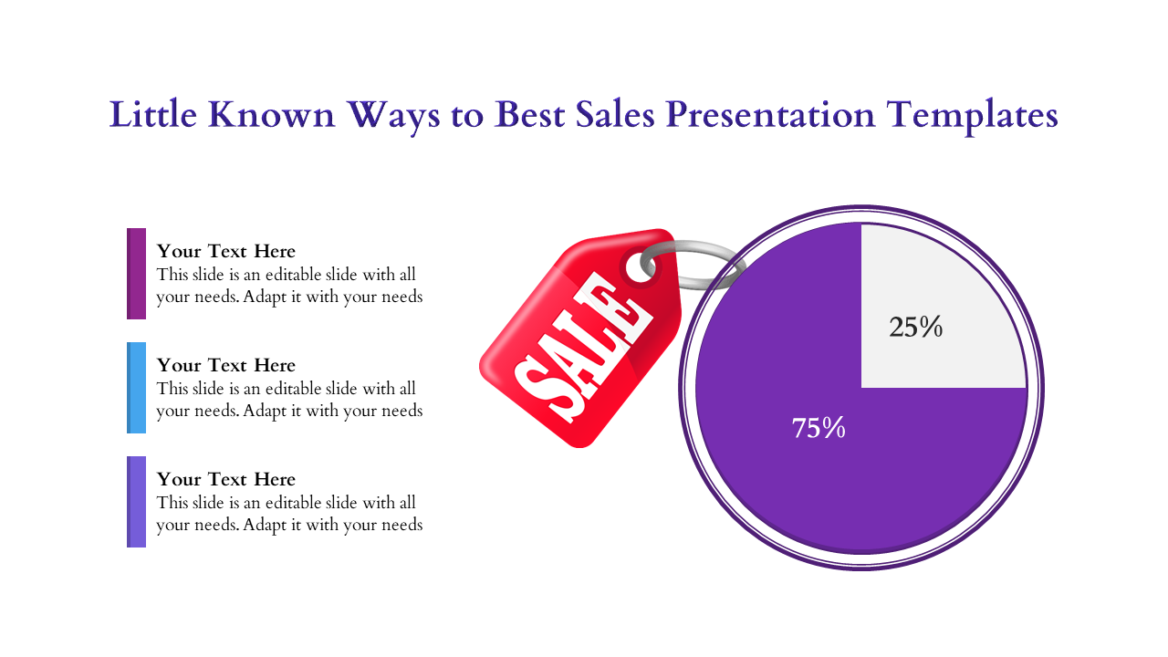 Slide featuring a pie chart in purple and white sections indicate percentage and a red sale tag overlapping on it.