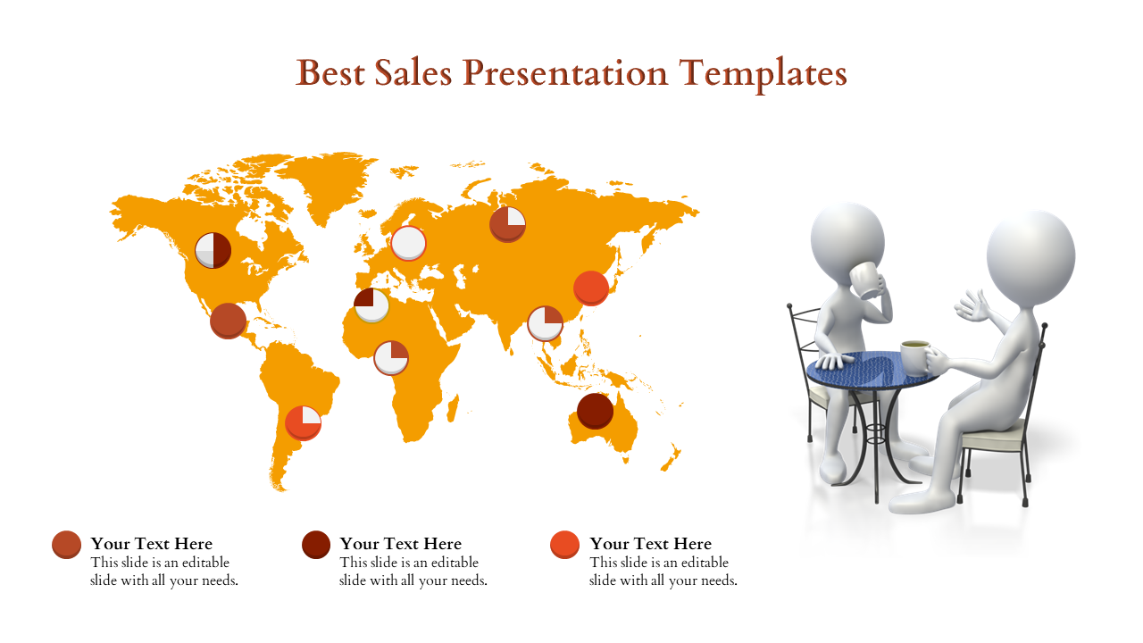 Business presentation slide featuring a world map with data points and a meeting between two figures.