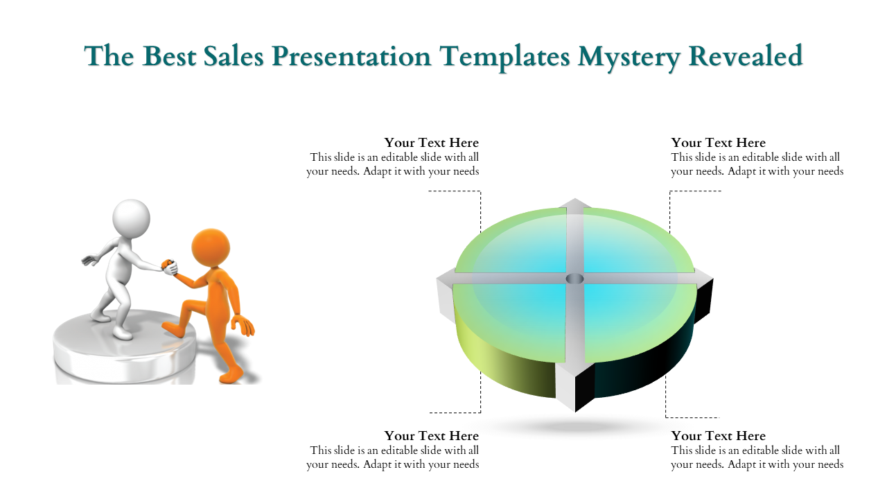 Two figures helping each other on a podium next to a colorful 3D green pie chart with four labeled captions.