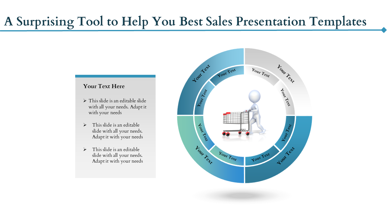 Sales presentation template with a multi-segmented ring encircling a shopping cart graphic.