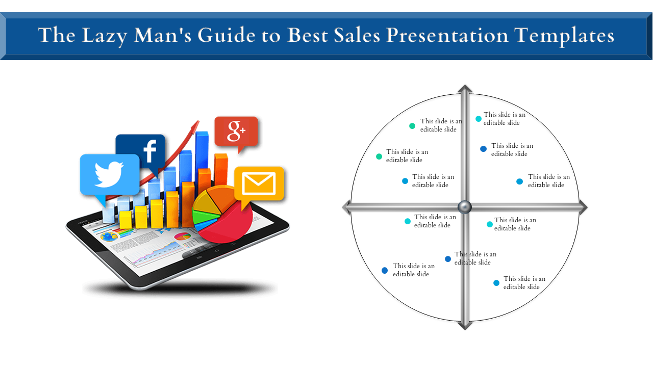 Slide with a tablet displaying social media icons and analytics visuals, and a circular quadrant chart with text.