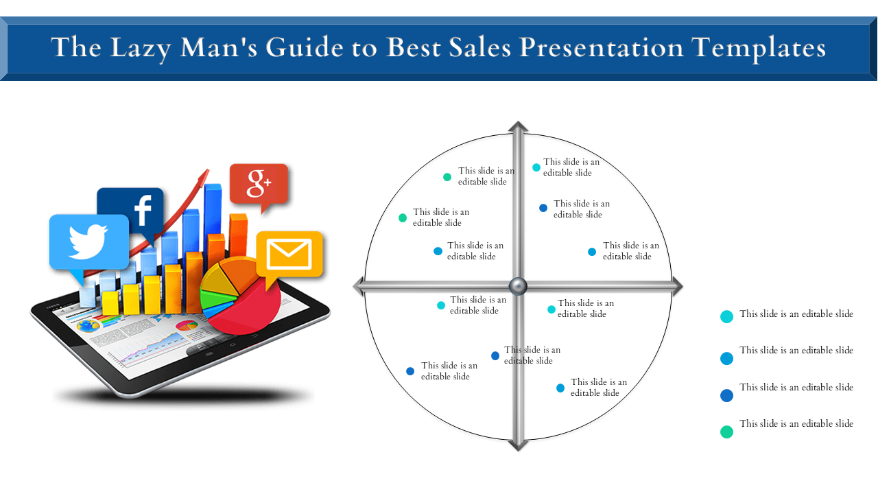 Sales presentation slide with social media icons, bar charts, and a circular diagram with placeholder text.