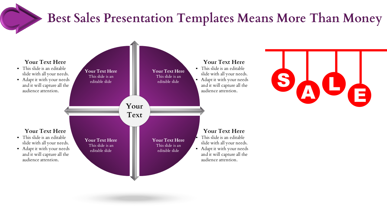 Sales themed infographic with a central purple wheel and surrounding text boxes, featuring letters on the right.