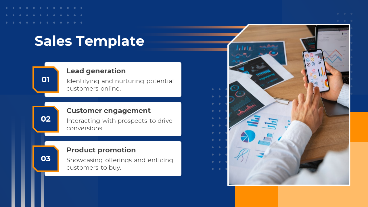 Slide featuring three labeled sections on a blue background and an image of a person analyzing charts on the right.