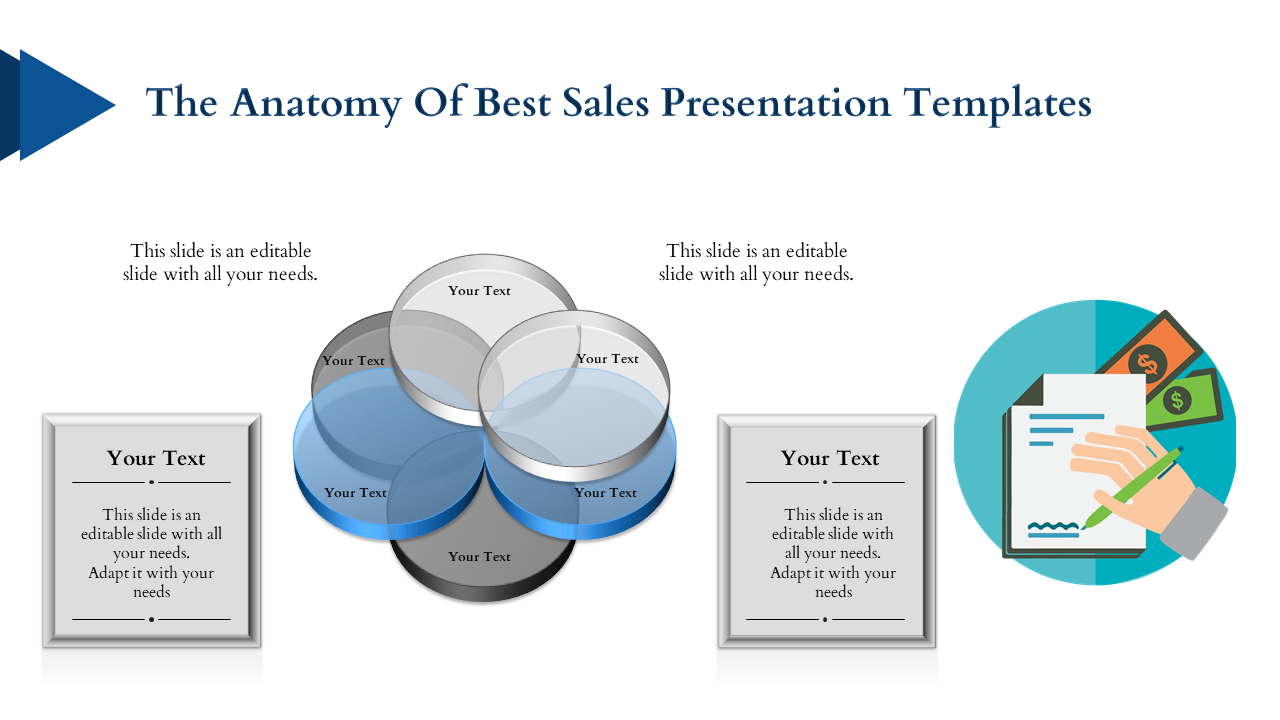 Sales themed slide with 3D circular shapes, text placeholders, and an illustration of a signed document with money.