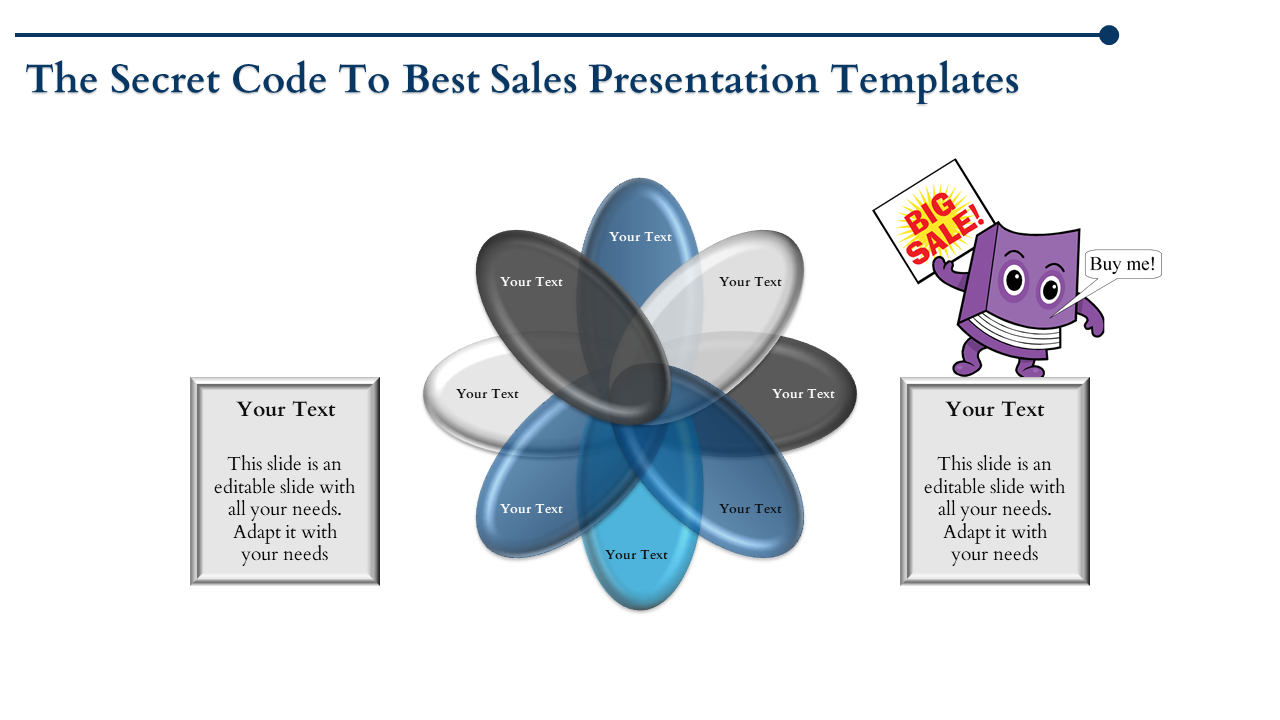 Illustration of a sales presentation template with colorful overlapping shapes and a cartoon character promoting a sale.