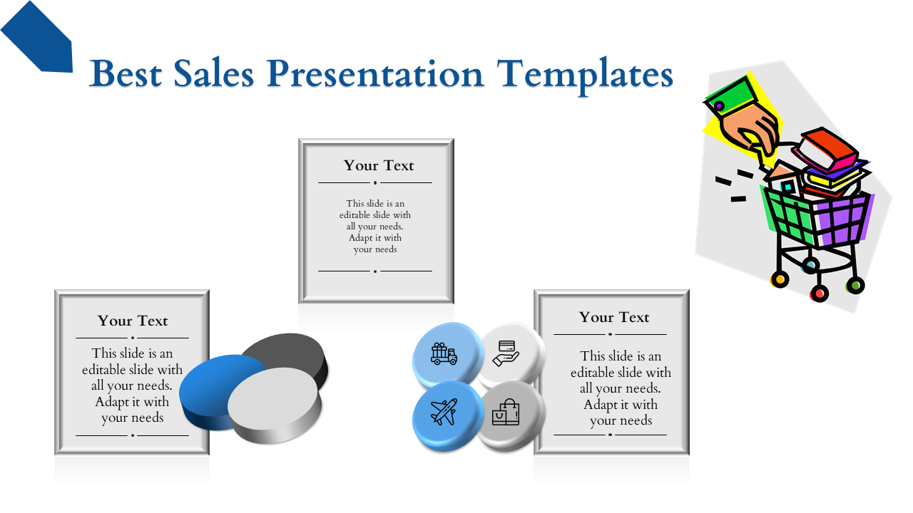 Best sales PowerPoint template with icons representing products and shopping with placeholder text.