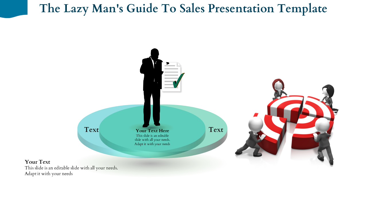 Sales template featuring a silhouette on a teal platform with a checklist and a group working on a fragmented red target.