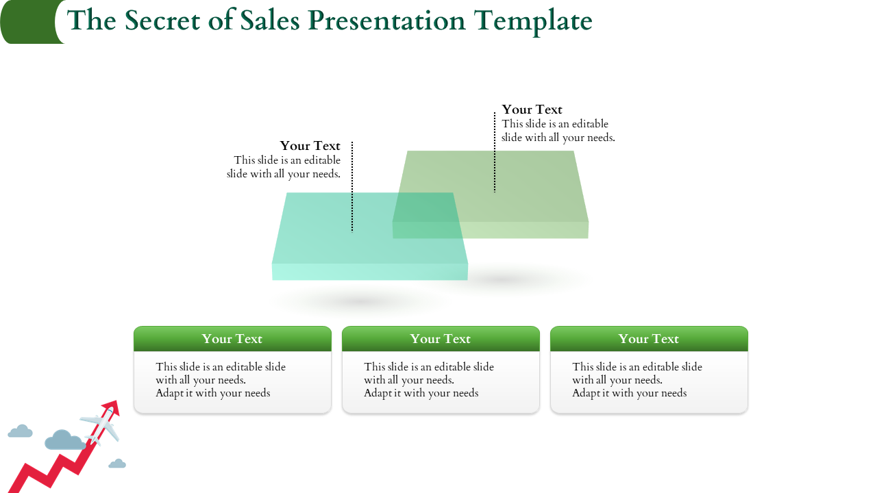 Sales template with two overlapping translucent green blocks on top and three labeled text boxes below.