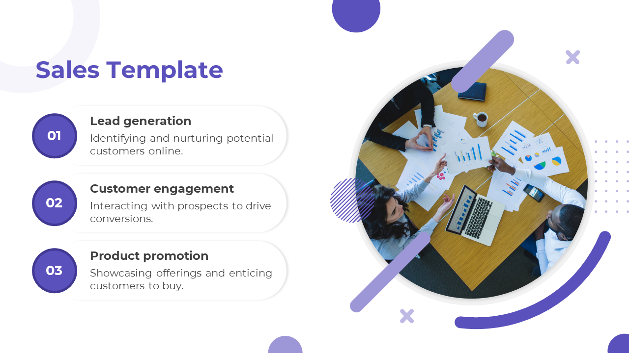 Sales template with three numbered steps listed and a circular team discussion image framed by purple accents.