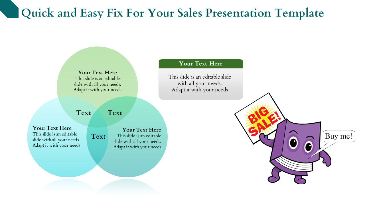 Sales PPT slide with three overlapping circles and text boxes, featuring a cartoon character holding a Big Sale sign.