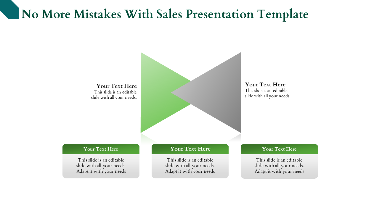 Sales presentation slide with green and gray triangular arrows, with three gray text boxes below.