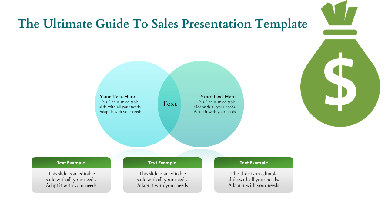 Slide layout with a focus on sales, including a dollar sign icon, overlapping text circles, and green bordered text areas.