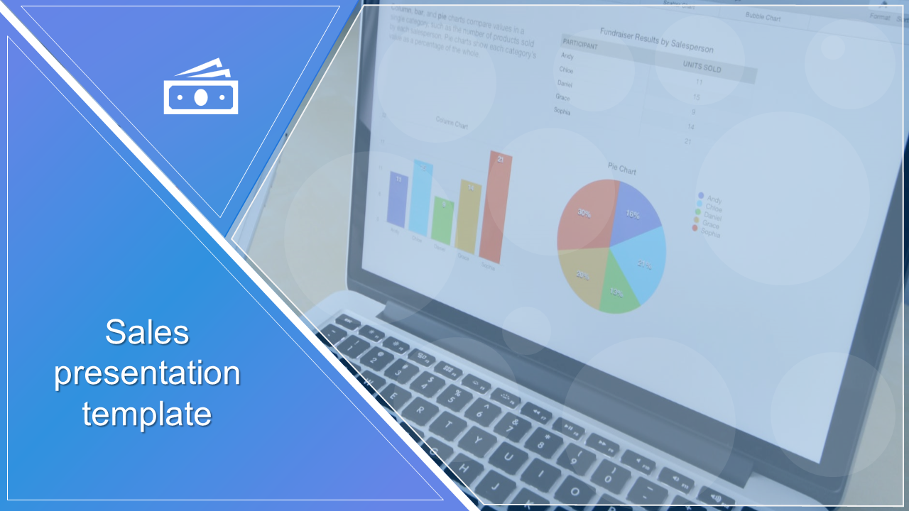 Sales presentation template with a laptop displaying bar and pie charts.