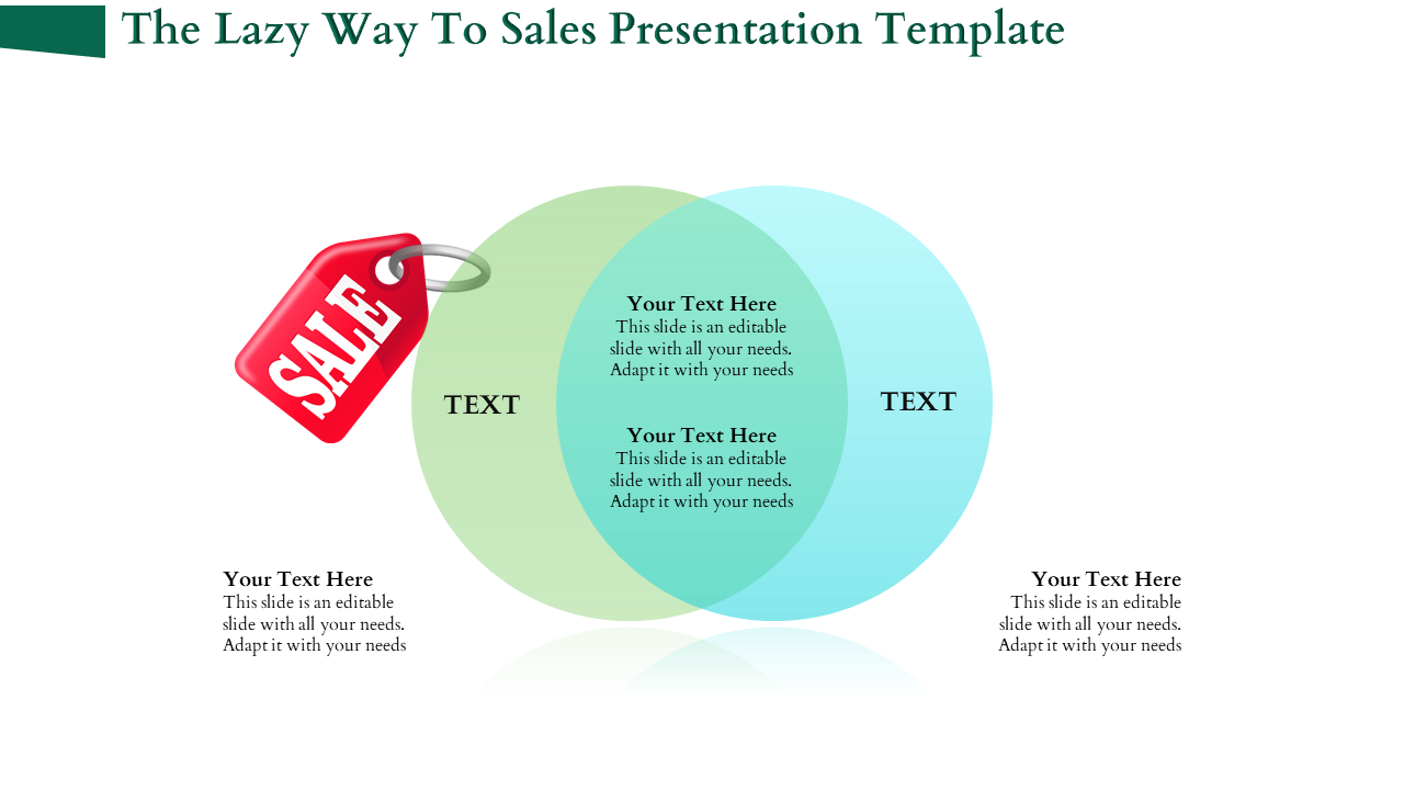 Sales presentation template with Venn diagram a sale tag and placeholder text.