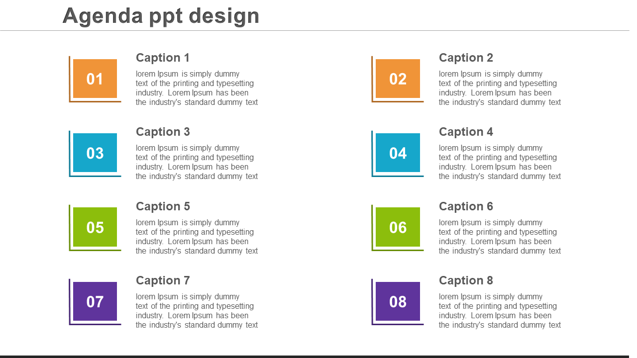 Colorful agenda PowerPoint design with eight numbered captions and descriptions arranged in a grid format.