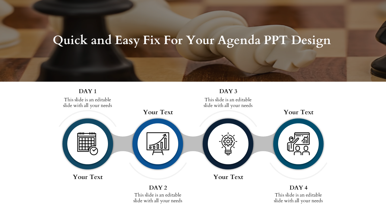 Agenda PPT design template with icons representing calendar, graph, light bulb, and team discussion for a four day schedule.