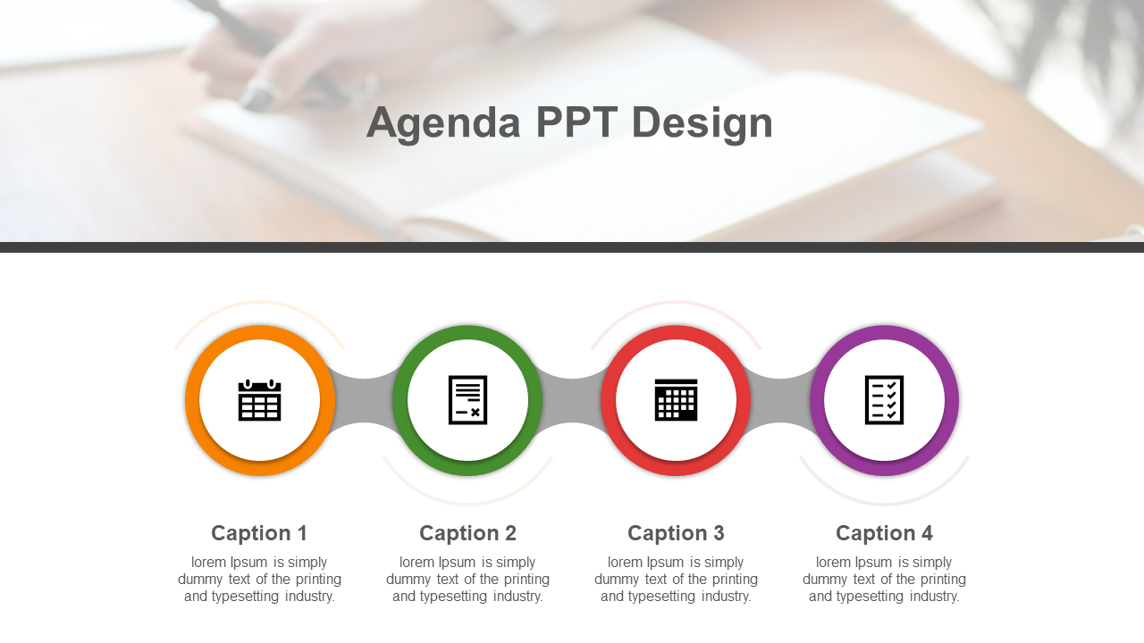 Agenda slide with four colorful circular icons in orange, green, red, and purple, connected by a horizontal flow design.