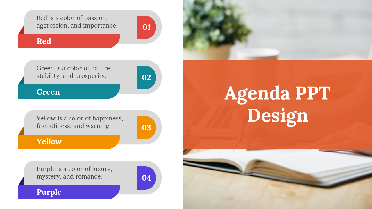 Color-coded agenda with four sections, placed next to a design header on an orange banner.