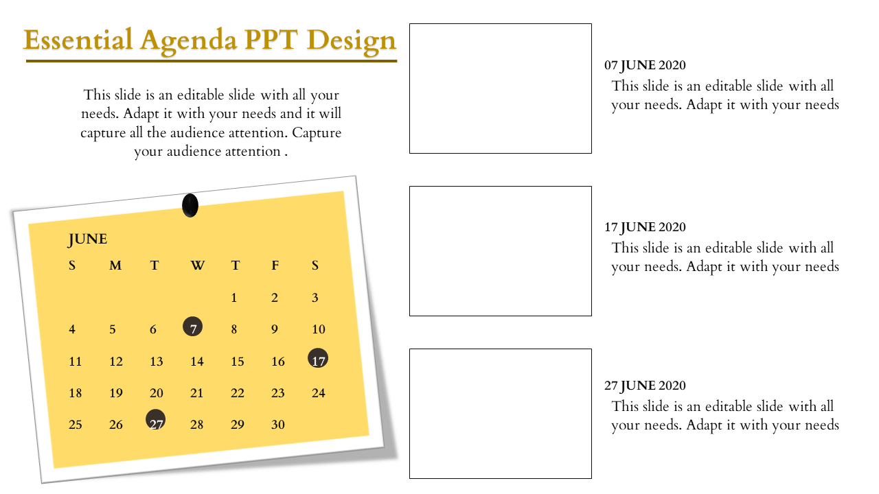 Essential agenda PowerPoint template featuring a June calendar with highlighted dates and empty sections for details.