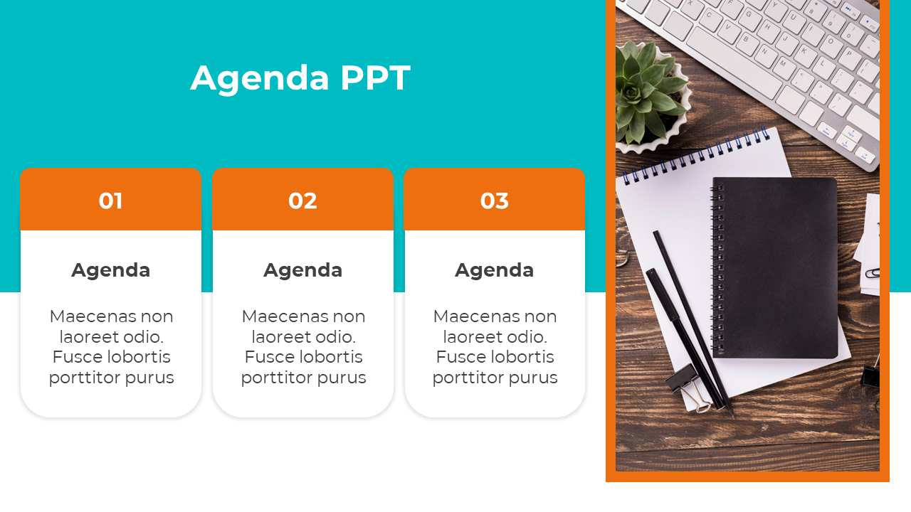 Agenda PowerPoint slide featuring three sections with titles and placeholder text, accompanied by an office desk background.