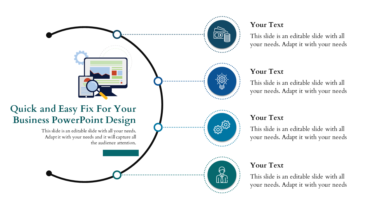 Circular infographic slide featuring a central computer icon with analytical tools, surrounded by icons with text.