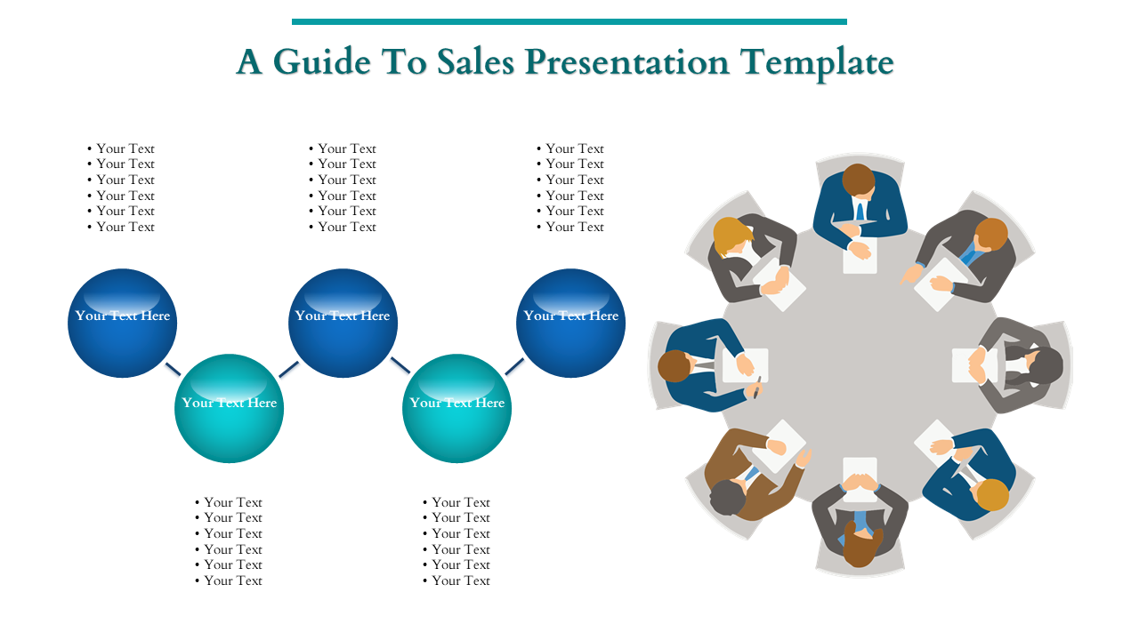 Infographic featuring five connected blue and teal circles with text and a group of people at a round table on the right.