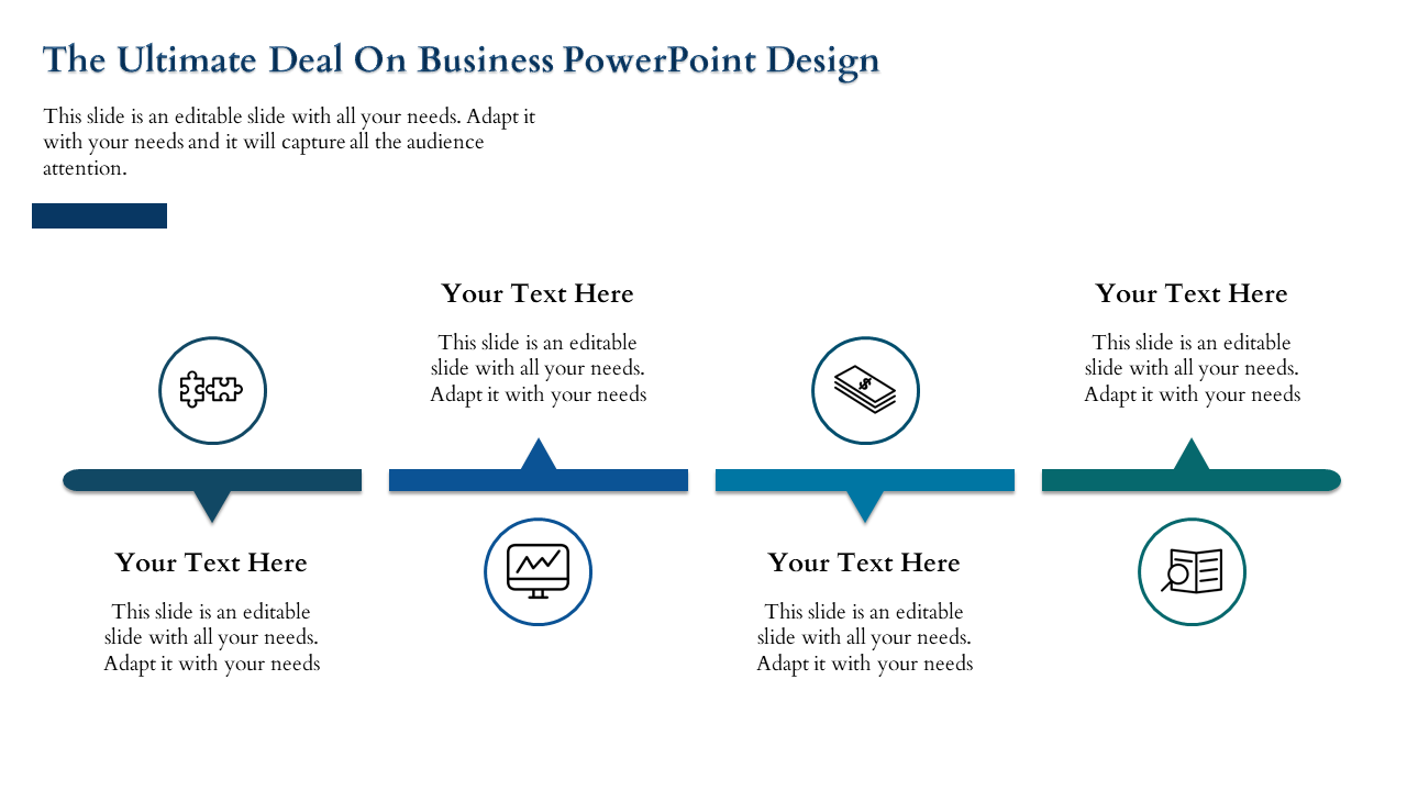 Sales PowerPoint design featuring icons for puzzle pieces, money, analytics, and document review with text captions.